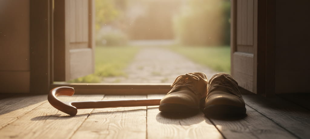 A serene image representing independence and mobility for an elderly person, showing a pair of comfortable walking shoes and a cane resting near a sunlit doorway, warm natural light streaming in, symbolizing freedom of movement and active living, calm and empowering atmosphere, no text or products