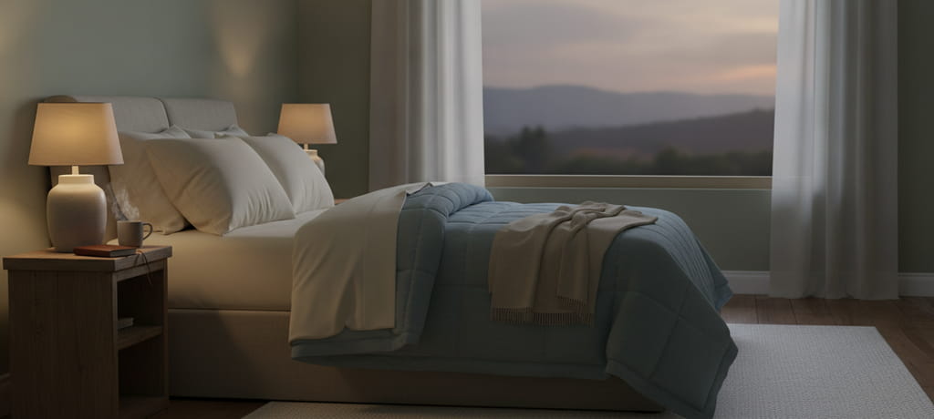A peaceful bedroom scene at soft dusk light, neatly made bed with soft folded linens, a warm lamp glowing gently on a nightstand, conveying comfort, rest and protective care, calm and reassuring atmosphere, no people or text visible, symbolizing security and peace of mind at night