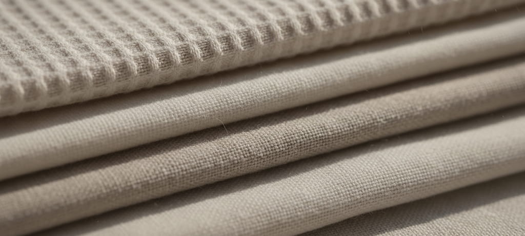 A close-up of soft, neutral-colored fabric layers with a gentle breathable texture, bathed in warm natural light, symbolizing comfort, softness, and protection for sensitive skin, evoking a calm and caring atmosphere.