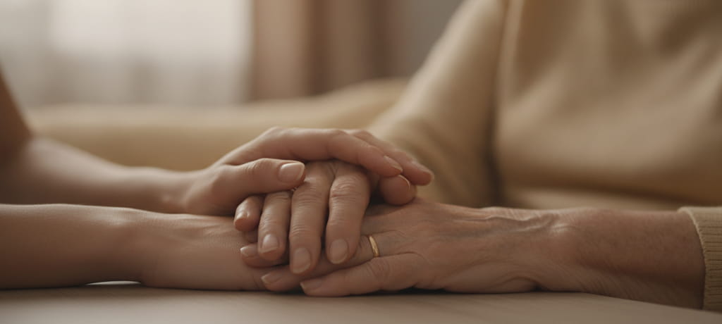 A serene, comforting scene of a caregiver's hand gently resting on an elderly person's hand, soft natural lighting, warm neutral tones, symbolizing trust, care, and peaceful well-being without showing faces or products.
